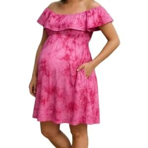 Ma Cherie Maternity Off the Shoulder A-Line Dress Tie Dye Wine Pink Size S